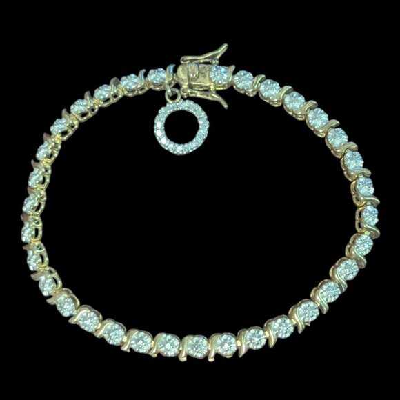 Gold Plated Sterling Silver Diamond Tennis Bracelet Estate Statement Round Charm - Picture 1 of 8